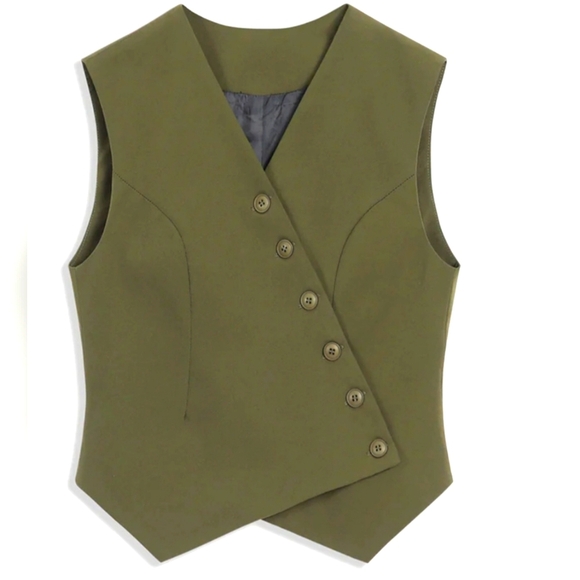 COMMENSE Olive Green Asymeteic Buttoned Vest. Sz L NWT Sold Out Online - Picture 1 of 7
